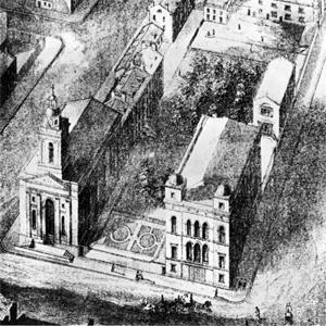 A drawing illustrates the campus as it stood in its original location.